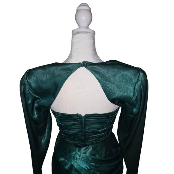 VTG 80's/90's Green Satin Dress Women 4 Pleated Bodice Open Back Prom Formal USA - Picture 4 of 11